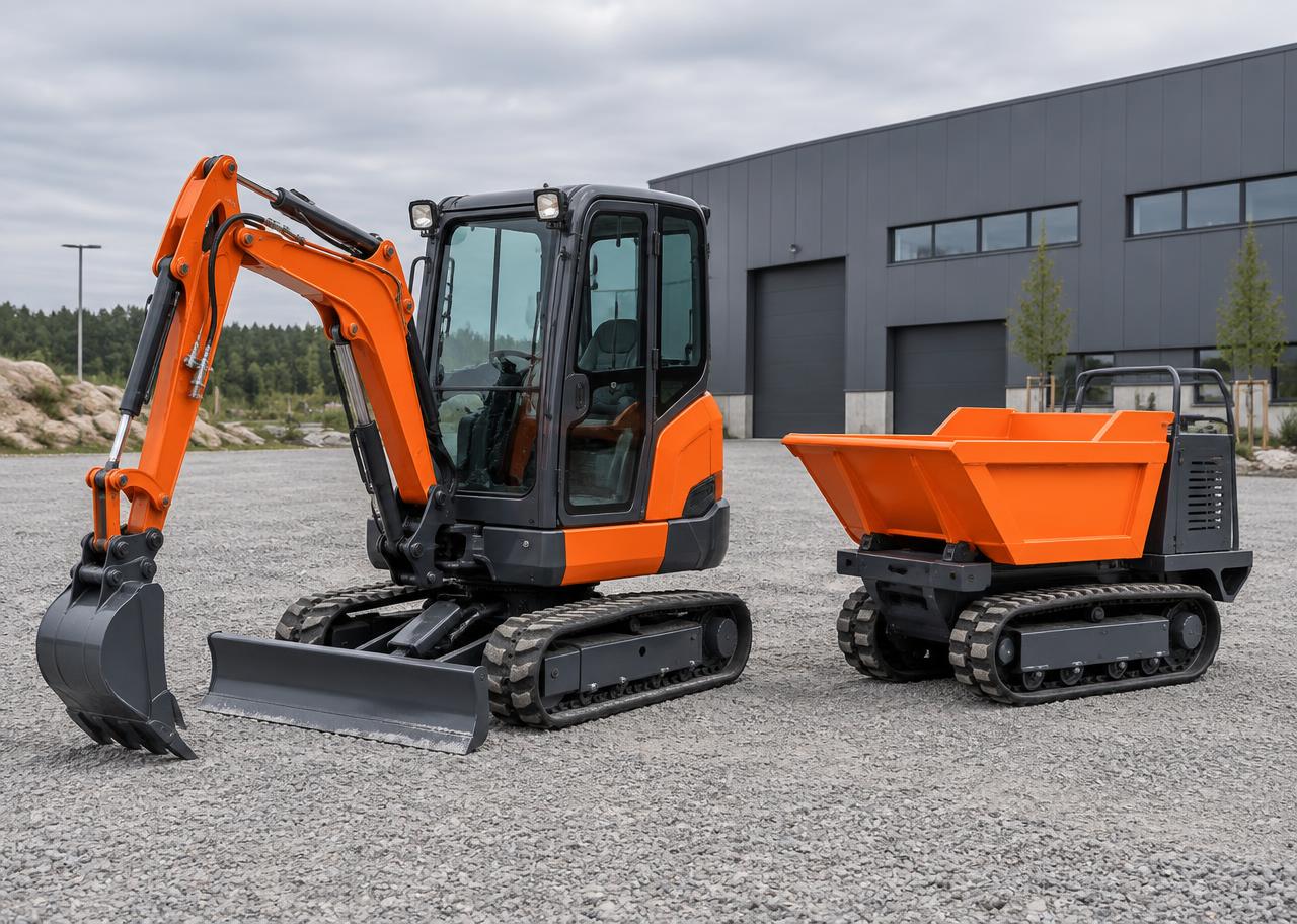 Mini excavadora y dumper compactos en una zona de pruebas
